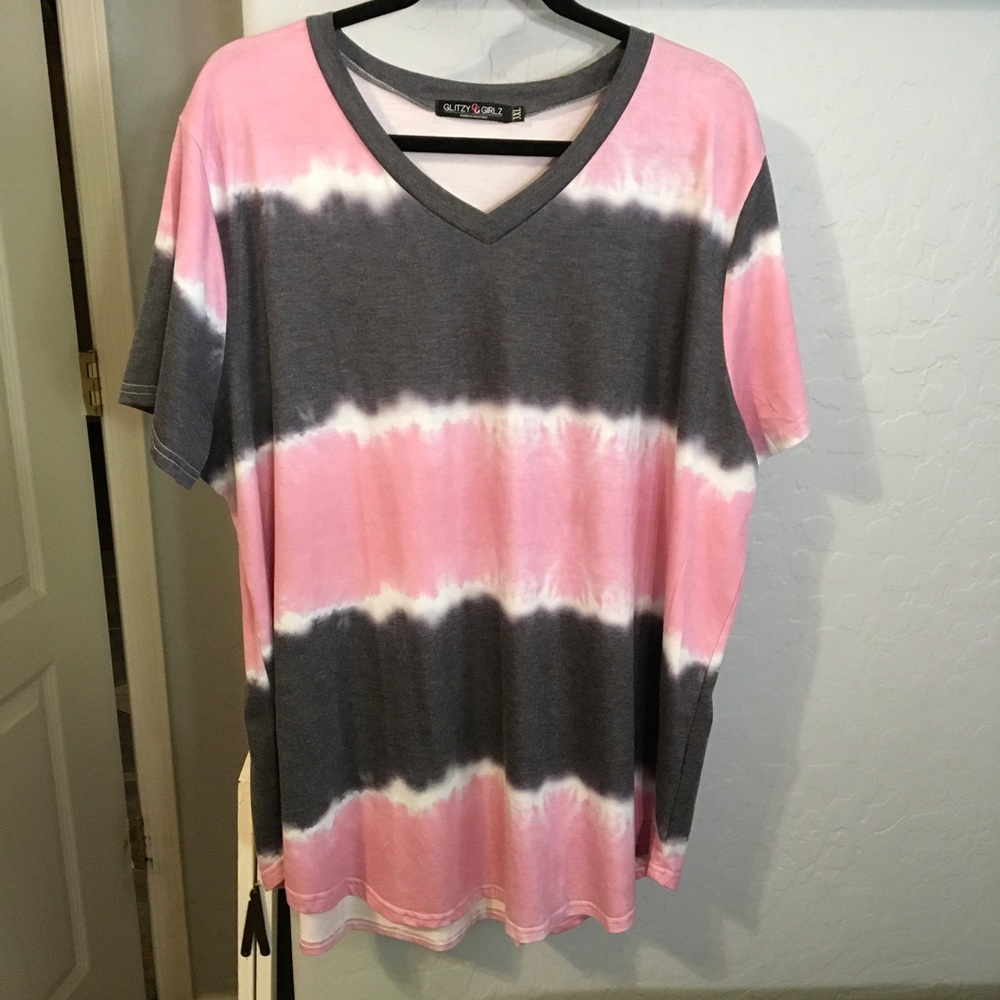 Glitzy Girlz Boutique 3X pink/gray/white tie dye top